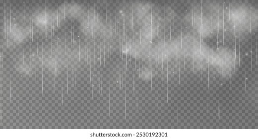 The image shows raindrops on a transparent background. The second image shows a downpour with rain and white clouds isolated on a transparent background. The third image shows a downpour with hail. Th