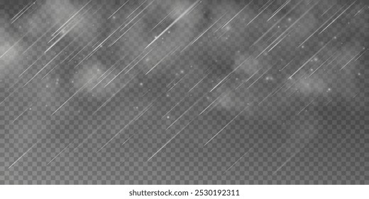 The image shows raindrops on a transparent background. The second image shows a downpour with rain and white clouds isolated on a transparent background. The third image shows a downpour with hail. Th