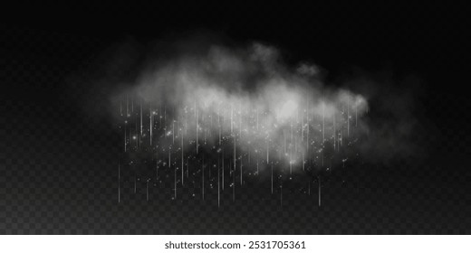 The image shows raindrops on a transparent background. The second image shows a downpour with rain and white clouds isolated on a transparent background. The third image shows a downpour with hail. 