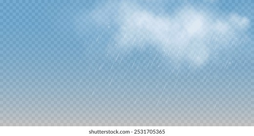 The image shows raindrops on a transparent background. The second image shows a downpour with rain and white clouds isolated on a transparent background. The third image shows a downpour with hail. 