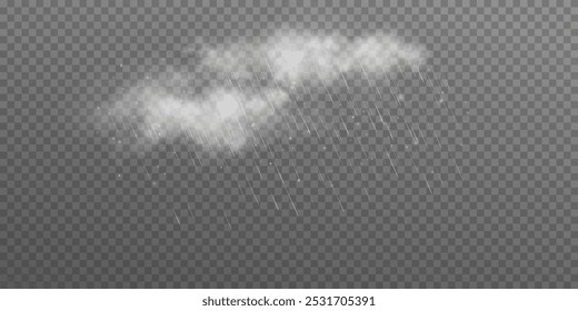 The image shows raindrops on a transparent background. The second image shows a downpour with rain and white clouds isolated on a transparent background. The third image shows a downpour with hail. 