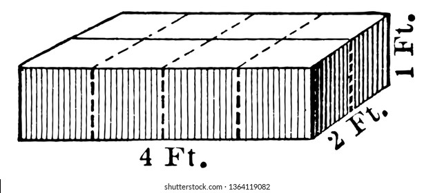 The image shows a rectangular prism with dimensions of 4 feet by 2 feet by 1 foot, vintage line drawing or engraving illustration.