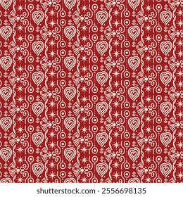 The image shows a red background with a repeating pattern of white decorative elements, including hearts, flowers, and circular shapes. The intricate design creates a visually appealing 