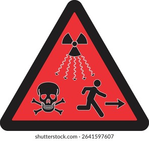The image shows a red and black triangular warning sign with radiation, skull, and running figure symbols, indicating extreme danger and the need to evacuate immediately