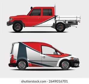 La Imagen muestra una camioneta roja y blanca y una camioneta con gráficos a juego. Se muestran sobre un fondo claro.