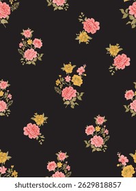 The image shows a repeating floral pattern with pink and green flowers, likely for textile or design purposes. The background is black, making the colors of the flowers stand out. 