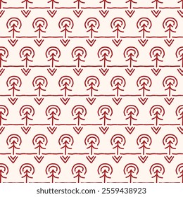The image shows a repeating geometric pattern featuring red, stylized tree-like shapes arranged in horizontal rows on a white background. The design is symmetrical and consistent, creating a visually 