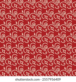 The image shows a repeating ornamental pattern with white, stylized floral and paisley-like designs on a red background. The intricate and symmetrical design is visually appealing 