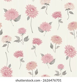 The image shows a repeating pattern of dahlia flowers in various shades of pink, peach, and cream, with gray leaves and stems. The background is a light beige with thin, vertical pinstripes. 