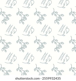 The image shows a repeating pattern featuring three elements: a leafy branch, a ladder, and an elephant. The elements are arranged diagonally and evenly spaced, creating a whimsical and playful design