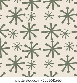 The image shows a repeating pattern of green starburst shapes on a beige background. The starbursts vary in size and are evenly spaced, creating a visually appealing and symmetrical design.