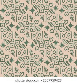 The image shows a repeating pattern of green geometric shapes, hearts, stars, and nature-inspired elements on a beige background. 