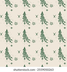 The image shows a repeating pattern of green evergreen trees and snowflakes on a beige background. The design is festive and evokes a winter or holiday theme, making it suitable for seasonal decorati