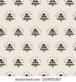 The image shows a repeating pattern of green Christmas trees on a beige background. Each tree is surrounded by small red dots, resembling ornaments or stars, creating a festive holiday design.
