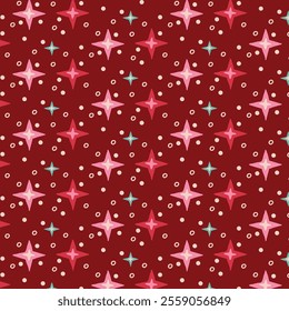 The image shows a repeating pattern of pink and light blue stars on a deep red background, interspersed with small white dots. The design is visually appealing and festive.