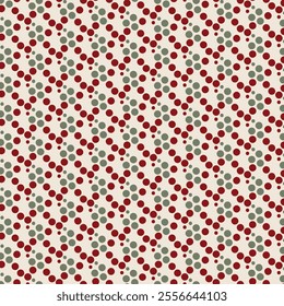 The image shows a repeating pattern of red and green dots on a white background. The dots are arranged in a regular, alternating sequence, creating a visually appealing and symmetrical design.