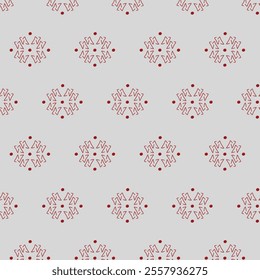 The image shows a repeating pattern of red geometric shapes resembling snowflakes on a light gray background. The pattern is symmetrical and evenly spaced, creating a visually appealing design.