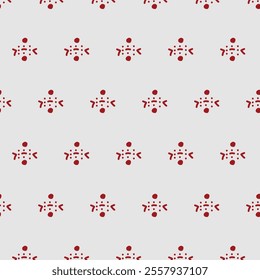 The image shows a repeating pattern of red geometric shapes on a light gray background. Each pattern unit consists of a central dot surrounded by four symmetrical arrow-like shapes and smaller dots, c