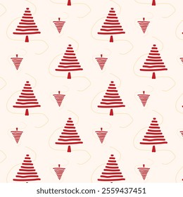 The image shows a repeating pattern of red and white striped triangular shapes resembling Christmas trees and spinning tops on a light background. The design is festive and visually appealing.