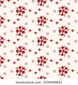 The image shows a repeating pattern of red floral designs on a beige background. The floral motifs are interspersed with small red stars and circles, creating a visually appealing and symmetrical 