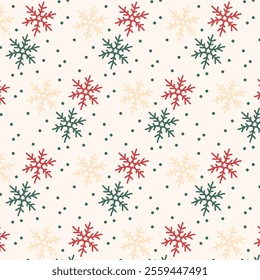 The image shows a repeating pattern of red, green, and beige snowflakes on a light background, interspersed with small green dots.