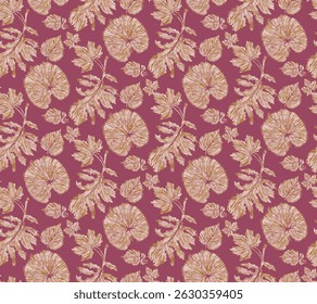 The image shows a repeating pattern of stylized leaves in shades of beige and light brown against a dark pink or magenta background.