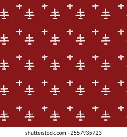 The image shows a repeating pattern of white plus signs and stylized tree shapes on a red background. The design is simple and symmetrical, creating a visually appealing and festive look.