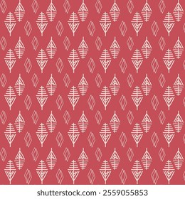 The image shows a repeating pattern of white geometric leaf shapes and diamond outlines on a red background. The design is symmetrical and evenly spaced, creating a visually appealing and orderly 