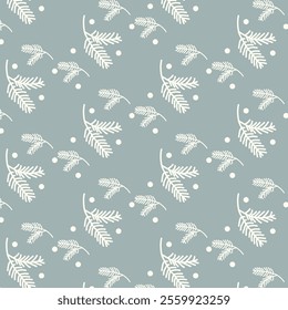 The image shows a repeating pattern of white pine cones and fern leaves on a light blue background, interspersed with small white dots. The design is delicate and nature-inspired.