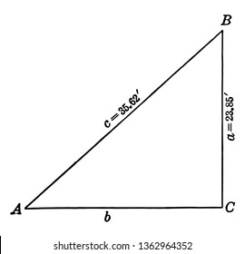 The image shows the right triangle abc that has the leg of 23.85 feet. It has the hypotenuse of 35.62 feet, vintage line drawing or engraving illustration.