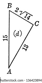 Das Bild zeigt das rechte Dreieck mit Bein 13 und Hypotenuse 15. Dreieck ABC hat drei Seiten und drei Winkel, Vintage-Linie Zeichnung oder Gravitation Illustration.
