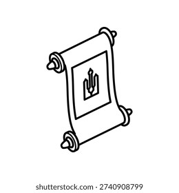 The image shows a rolled scroll with a traditional menorah illustration inside a rectangular frame. The scroll is positioned diagonally, revealing the menorah design prominently. The menorah has eight branches with candles and a central stem, typical of Jewish Hanukkah celebrations.