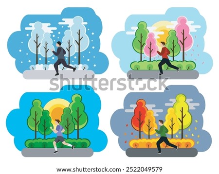 The image shows runners exercising in different seasons: winter, spring, summer and autumn, emphasizing the importance of physical activity regardless of weather conditions.