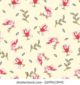 A imagem mostra um padrão floral perfeito. Este tipo de padrão é caracterizado por um desenho repetido de flores e folhas em um fundo. 