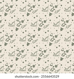 The image shows a seamless pattern with Christmas-themed icons, including sleighs, Christmas trees, bells, snowflakes, and stars, all in a green color on a beige background. 