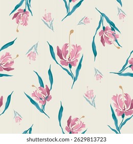 The image shows a seamless pattern with a mix of floral and geometric elements. It features stylized floral motifs in shades of pink and white, arranged in vertical rows.