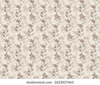 The image shows a seamless pattern of small, stylized flowers and branches in shades of brown and gray on a light beige background. This type of pattern is often used in textiles, wallpapers.