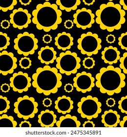 The image shows a seamless pattern of stylized sunflowers with yellow petals and black centers on a black background. It's lively and perfect for wallpapers, textiles, or wrapping paper.