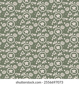 The image shows a seamless pattern with various white icons on a green background. The icons include stars within circles, spirals, triangles, and leafy branches, creating a festive