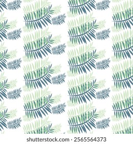 The image shows a seamless, repeating pattern of fern and tropical leaf motifs in shades of green, yellow, and blue on a white background. It is suitable for design applications like fabric, graphics 