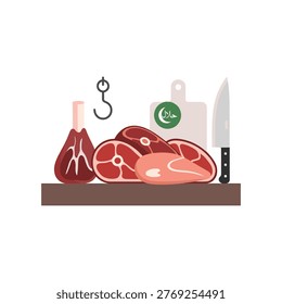 The image shows a selection of fresh beef cuts, likely including steaks and roasts, placed on a wooden cutting board. A hook is visible above the meat, suggesting it is ready for hanging or display. There is a halal certification logo in the background, indicating the meat meets halal dietary standards.
