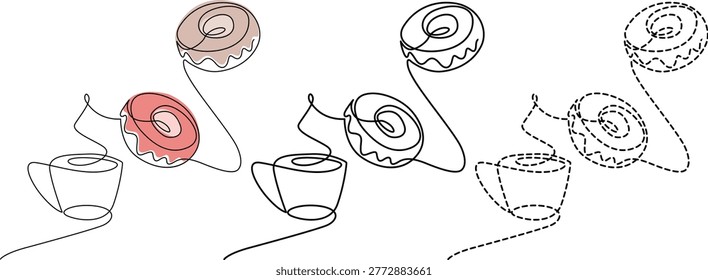 The image shows a series of donuts with various toppings and a bite taken out of one, floating in mid-air alongside coffee cups. Each donut is paired with a cup, connected by a line, suggesting a sequence or progression. The illustration is drawn in a simple, sketch-like style with a whimsical and light-hearted feel. The donuts have different fillings and decorations, including a glazed one, a filled one with a bite taken out, and a spiral-filled donut. The cups appear to be filled with a liquid, possibly coffee or tea, adding to the theme of a snack or treat pairing.