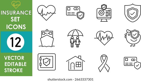 The image shows a set of 12 minimal line-art insurance vector icons