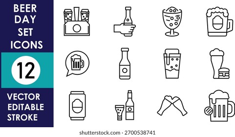 The image shows a set of 12 vector outline icons related to beer, including bottles, glasses, mugs, cans, cheers, and beer-related elements
