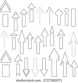 A imagem mostra um conjunto de diferentes símbolos de seta apontando para cima e para baixo. As setas variam em estilo: algumas são linhas sólidas, outras são pontilhadas e as pontas têm formas diferentes (triangulares, arredondadas, etc.). Algumas setas têm designs incomuns.