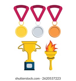 The image shows a set in a flat style with awards and achievements. Three medals: gold, silver and bronze with a pink ribbon. a golden goblet with a blue base and a golden torch with a blazing flame.