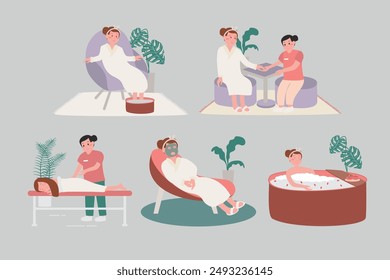 The image shows a set of illustrations of people in a spa. In the first illustration, a woman is lying on a massage table, getting a massage from a therapist. In the second illustration, a woman is si