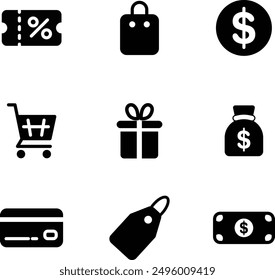 The image shows a set of nine financial-related icons.Each icon is designed in a simple, minimalist line style for clear and easy recognition.A gift box with a ribbon.A credit card.