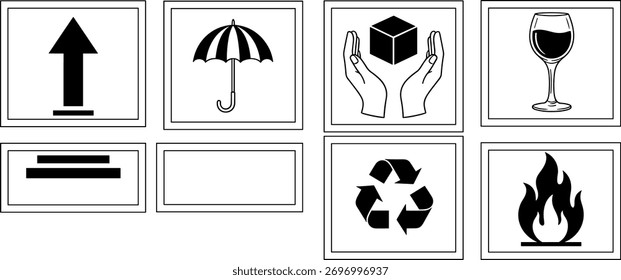 The image shows a set of shipping and handling symbols for package labeling.