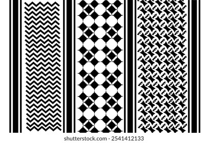 La Imagen muestra un conjunto de tres patrones textiles en blanco y negro de Vertical. Cada sección presenta un diseño geométrico distinto. El patrón izquierdo tiene un motivo en zigzag o chevron, creando una sensación de movimiento